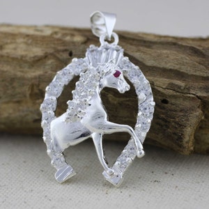 Horse Necklace, Large Horse Shoe Necklace, Large Horse Pendant in Horse Shoe, Sterling Silver Horse Necklace with CZ, Men&#39;s Necklace