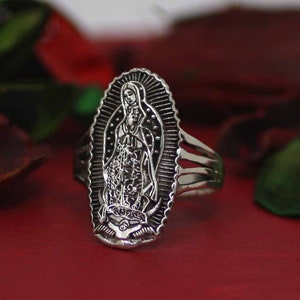Anillo de Nuestra Señora de Guadalupe, Anillo Grande de Plata de Ley para Mujer, Anillo de Guadalupe XL de Plata de Ley 925, Anillo de Guadalupe de Plata Oxidada