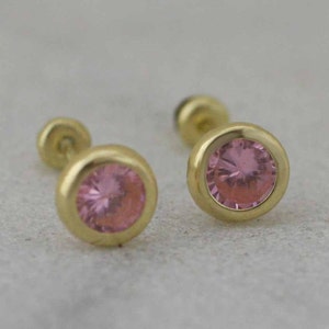 14K Yellow Gold Bezel, Stud 4mm, CZ Screw Back Earring, 14k Cz Baby Earrings, 14k Bezel 4mm Cz Stud Earrings, White, Pink and Red image 5