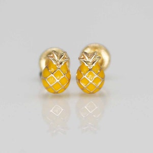 14K Pineapple Stud Earrings, 14K Gold Pineapple Enamel small Stud Earrings, 14K Gold Stud Pineapple Enamel Earrings with Screw Back,