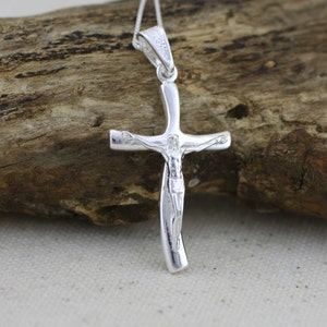 Silver Cross Necklace, Sterling Silver Wave Cross Necklace, Crucifix Cross Pendant, Solid Silver Cross Necklace, Modern  Crucifix Necklace