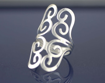 Sterling Silver Long Filigree Ring, Silver Long Finger Armour, Solid Silver Ring, Silver Fan Ring, Long Ring , Statement Ring, Boho Ring