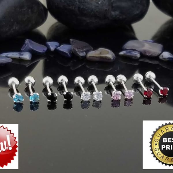 Pendientes de plata para cartílago, pendientes de plata de ley de 2,5 mm, pendientes de 2,5 mm con circonita cúbica transparente redonda de 2,5 mm, cierre de rosca.
