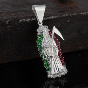 Sterling Silver Grim Reaper Necklace, Silver Solid Santa Muerte Necklace, Extra Large Holy Death Necklace, Silver Santa Muerte With CZ