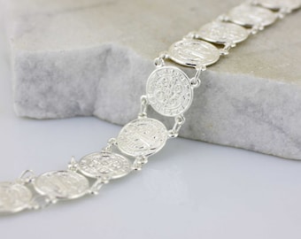 Sterling Silver Saint Benedict Bracelet, 925 Sterling Silver St. Benedict Medals Bracelet, light weight Saint Benedict Bracelet, San Benito