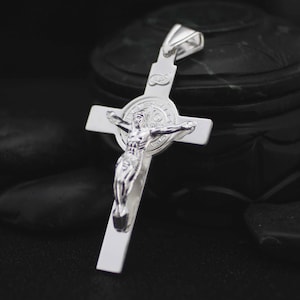 Silver Saint Benedict Crucifix, Extra Large St Benedict Cross Necklace, Sterling Silver St Benedict, XL Cross Necklace, Men Jewelry