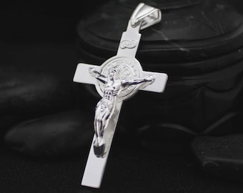 Crocifisso Di San Benedetto Placcato In Argento: Collana Con Ciondolo A Croce In Metallo Cristiano Per La Protezione - 3'' - Italia - Foto 6