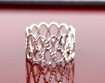 Wide Band Cigar Ring, Sterling Silver Wide Band Ring, Long Finger Armour Ring, Silver Tube Ring, Armor Ring, Silver Diamond Cut Wide Ring