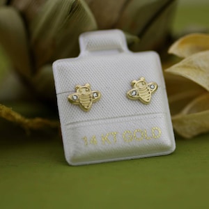 Bee Stud Earrings, 14k Gold Stud Earrings with CZ, Honey Bee Earrings, 14K Yellow Gold Bee Earrings, Kids Jewelry, Girls Stud Earrings