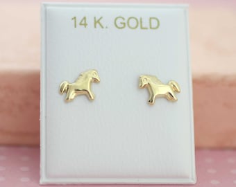 14k Solid Gold Ohrstecker, 14k Pferd Ohrstecker, 14k Gelbgold Ohrringe, 14k Gold Ohrringe, Baby Ohrringe, Mädchen Ohrstecker