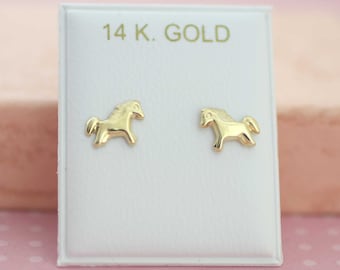 14k Solid Gold Stud Earrings, 14k Horse Stud Earrings, 14K Yellow Gold Earrings ,14k Gold Screw Back Earrings, Baby Earrings, Girl Stud