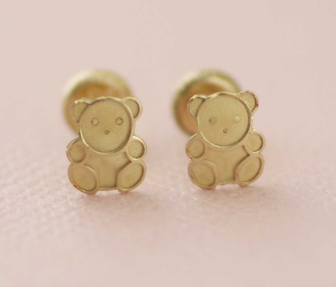 14K Gold Teddy Bear Stud Earrings, 14K Teddy Bear Stud Earrings, 14K