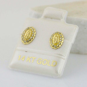 Our Lady of Guadalupe Stud Earrings, Virgen de Guadalupe 14K Gold Screw Back Earring, Guadalupe Earrings with CZ, Girl Earrings, Broquel 14K