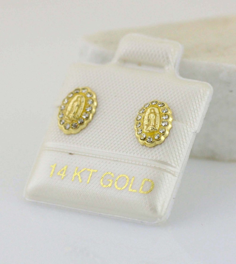 Our Lady of Guadalupe Stud Earrings Broquel 14K Virgen de Guadalupe 14K Gold Screw Back Earring Girl Earrings Guadalupe Earrings with CZ