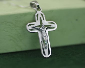 Sterling Silver Cross Necklace, Oval Finish Cross Necklace, Crucifix Cross Pendant, Solid Silver Cross Necklace, Silver Crucifix Necklace