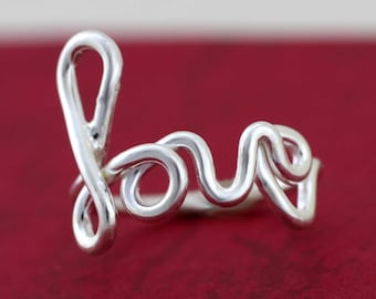 Sterling Silver Love Ring, Love Ring, Solid Sterling Silver Love Ring, Valentines Gift, Girlfriend Ring, Love Scrip, Love Wire Ring
