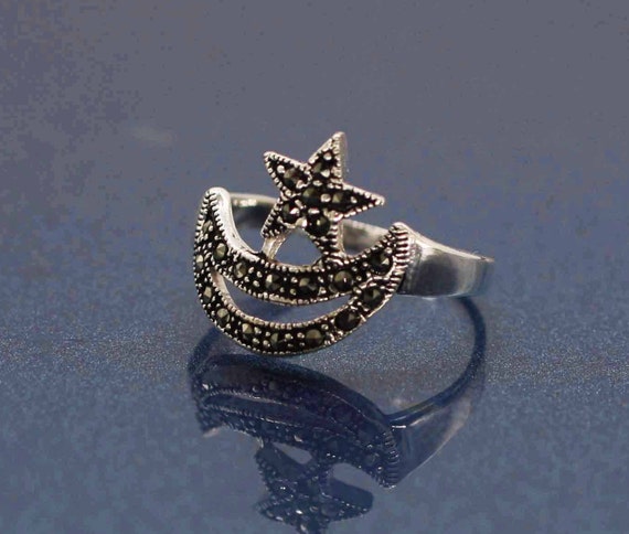 Sterling Silver Marcasite Stone Star and Moon Stud Earrings Sterling Silver Marcasite Stone Star and Moon Stud Earrings