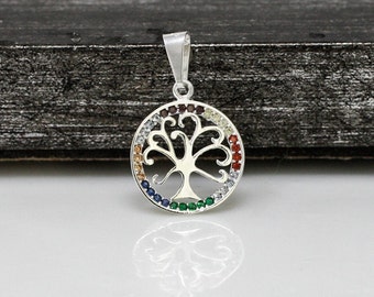 Tree of life Necklace, Silver Tree of Life, Sterling Silver Tree of Life with Multicolor Cz, Silver Tree of Life Charm, Sacred Tree