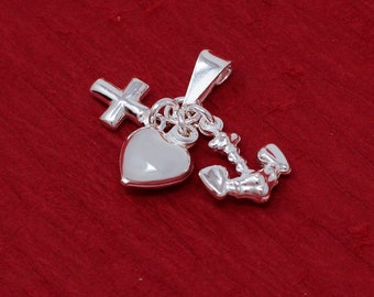 Faith Hope Love Necklace. Cross Anchor and Love charm. Silver Pendant. Sterling Silver Necklace. Dije "Fe Esperanza Amor".  Valentine Sale