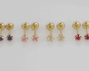 14K Stud Earrings, 14k Gold 2mm Stud Earring, 2mm Round Cubic Zirconia, 2mm CZ Screw Back Earring, Baby Earrings, 14K Cartilage Earrings