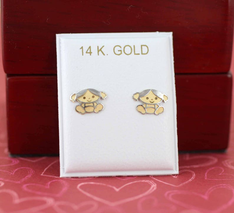 14k Doll Stud Earrings 14k Gold Little Girl Stud Earrings Etsy