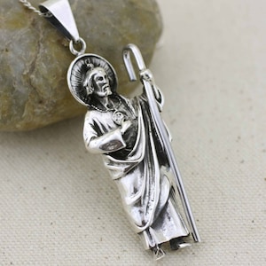 Sterling Silver St Jude Necklace, Sterling Silver Extra Large Saint Jude Apostle Necklace Oxidized, Silver St Jude Pendant, San Judas Tadeo