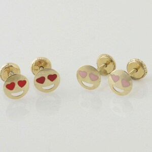 14K Love Emoji Stud Earrings, Heart eyes emoji Earrings, 14K Gold Stud Emoji Enamel Earrings withScrew Back, Baby Studs earrings,