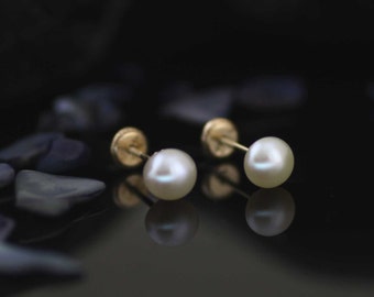 14k Gold Pearl Stud Earrings, 14K Gold 6mm Pearl Stud, 14k Big Pearl Earrings, 14K Freshwater White Pearl Stud Earrings, Bridal Earrings