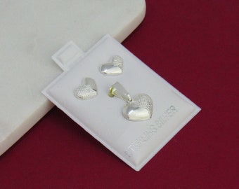 Sterling Silver Heart Solid Necklace, Silver Heart Stud Earrings, Silver Set Hearts Necklace with Earrings