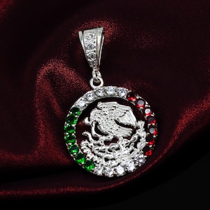 Colar de águia de prata, colar mexicano grande de prata, pingente de bandeira mexicana, emblema mexicano, colar de águia mexicana, brasão mexicano