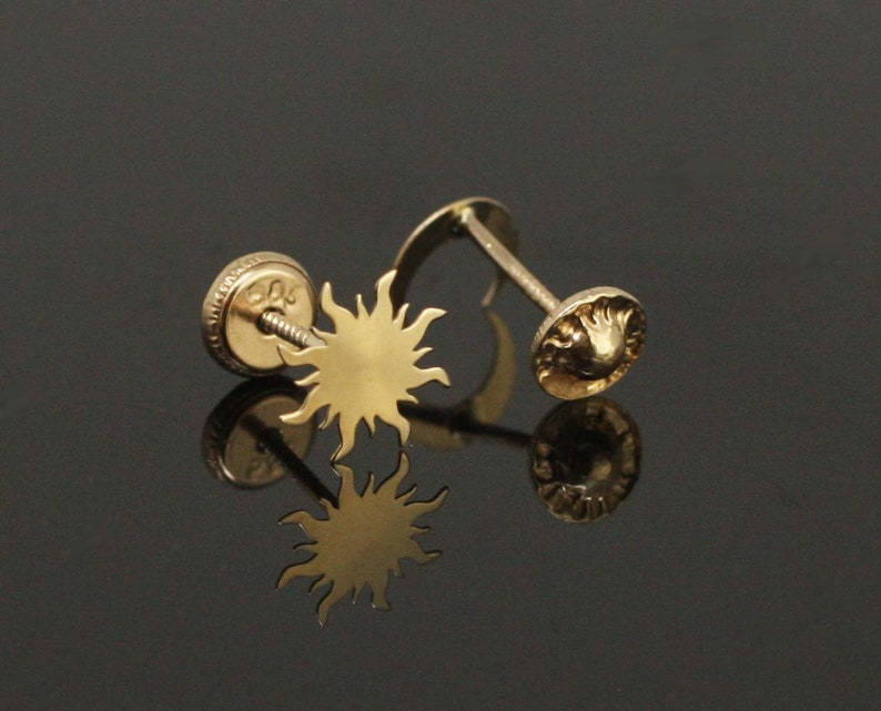 14k Gold Sun Stud Earrings Moon Stud Earrings 14k Celestial Etsy