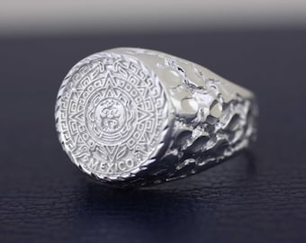 Sterling Silver Aztec Calendar Men Ring, Sterling Silver Mayan Calendar, Silver Aztec Sun Stone Ring, Silver, Sterling Silver Men Ring