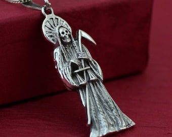 Sterling Silver Grim Reaper Necklace. Silver Solid Santa Muerte Necklace, Holy Death Necklace, Fathers Day, Santa Muerte