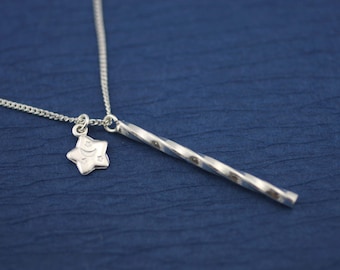 Sterling Silver Spiral Tube Necklace, Long Silver Bar Necklace, Minimalist Silver Necklace, Long Vertical Tube Necklace with Star, Modern