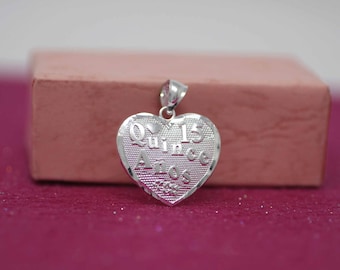 Sterling Silver Quinceañera Necklace, Mis Quince Necklace, Silver Heart Quinceañera Pendant, Fifteen Celebration, Princess Heart Necklace