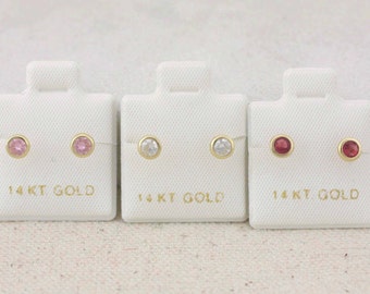 14K Yellow Gold Bezel, Stud 4mm, CZ Screw Back Earring, 14k Cz Baby Earrings, 14k Bezel 4mm Cz Stud Earrings, White, Pink and Red