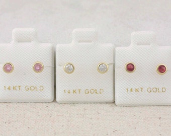 14K Yellow Gold Bezel, Stud 4mm, CZ Screw Back Earring, 14k Cz Baby Earrings,  14k Bezel 4mm Cz Stud Earrings, White, Pink and Red