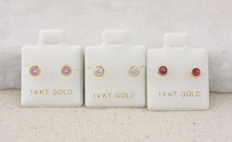 14K Yellow Gold Bezel, Stud 4mm, CZ Screw Back Earring, 14k Cz Baby Earrings, 14k Bezel 4mm Cz Stud Earrings, White, Pink and Red image 1