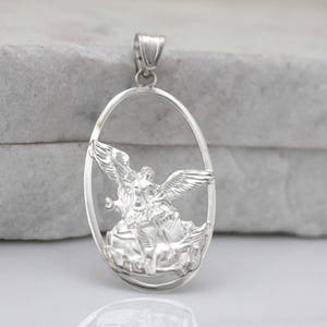 Saint Michael Archangel Necklace, Sterling Silver St. Michael Necklace, Silver St.Michael Oval Necklace, Large Saint Michael Medal