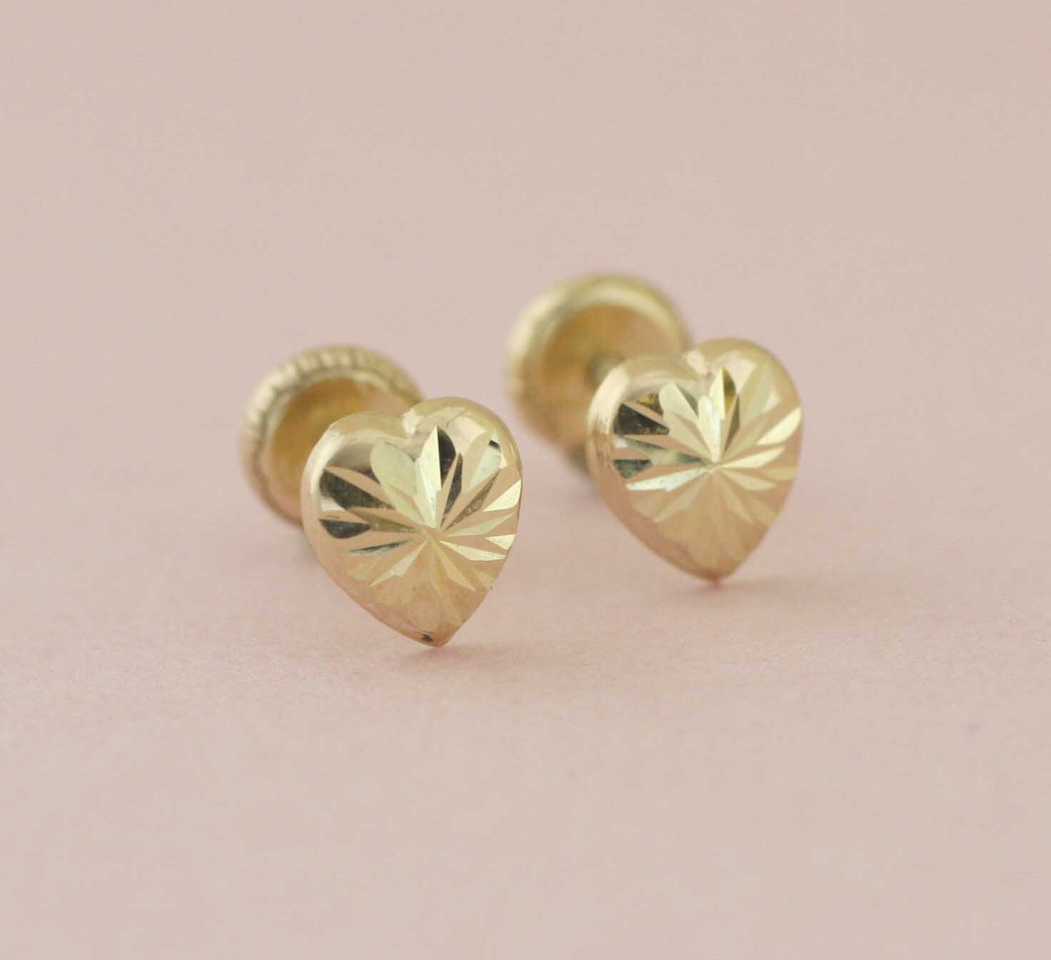 14K Heart Stud Earrings 14K Gold Heart in Diamond Cut Stud Etsy
