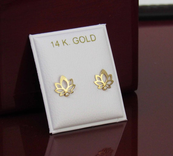 14k Gold Lotus Flower Stud Earrings, Lotus Flower Earrings