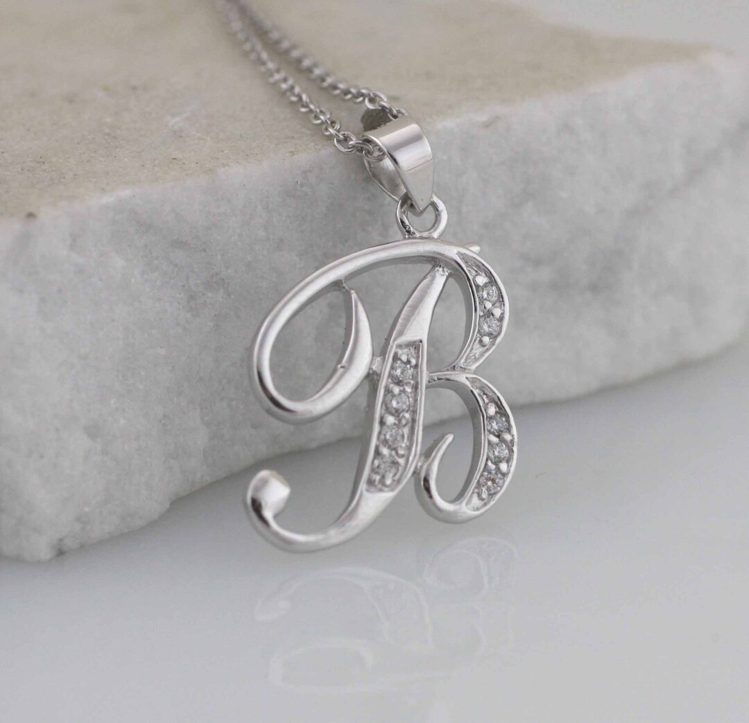 Sterling Silver Initial Necklace, Silver Initial B Necklace With CZ