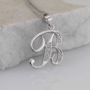 Sterling Silver Initial Necklace, Silver Initial B Necklace With CZ Stones, CZ Letter Initial B, Letter B Initial Necklace, B