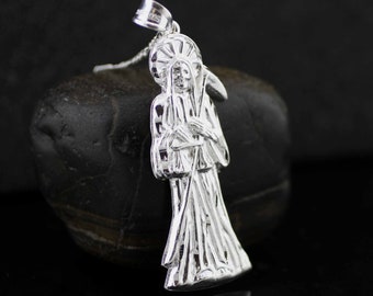 Sterling Silver Grim Reaper Necklace, Silver Santisima Muerte, Silver Large Santa Muerte Necklace, Holy Death Necklace, Santa Muerte