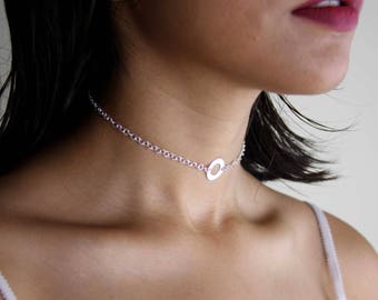 Sterling Silver Choker Necklace, Choker Necklace With Circle Charm, Elegant Choker Chain, Silver Choker Necklace , Silver Circle Necklace