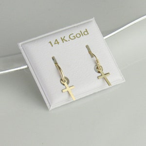Cross Hoop Earrings, 14k Gold Hoop with Cross, Dainty & Minimalist Cross,  Shaped Charm Huggies, Hoop Earrings