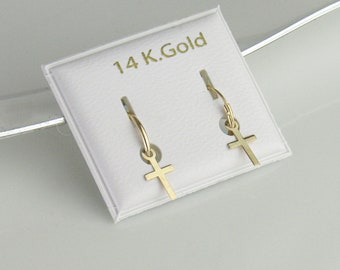 Cross Hoop Earrings, 14k Gold Hoop with Cross, Dainty & Minimalist Cross,  Shaped Charm Huggies, Hoop Earrings