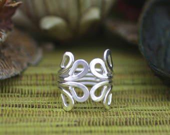Sterling Silver Long Filigree Ring, Silver Long Finger Armour, Solid Silver Ring, Silver Fan Ring, Statement Ring, Adjustable Silver Ring,