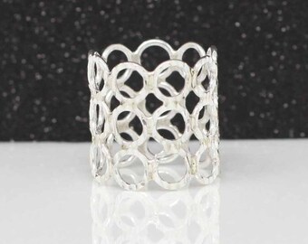 Wide Band Cigar Ring, Sterling Silver Wide Band Ring, Long Finger Armour Ring, Silver Tube Ring, Armor Ring, Silver Diamond Cut Wide Ring