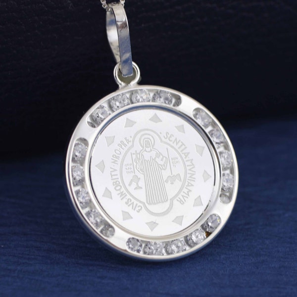 Sterling Silver Saint Benedict Medal, Sterling Silver Saint Benedict Necklace, Saint Silver St. Benedict Medal  With CZ, Medalla San Benito